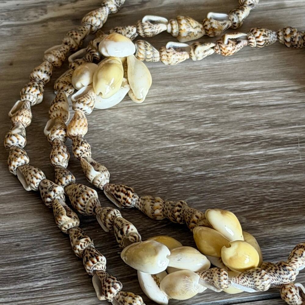 Vintage Natural Shell Necklace 32” Long Cowrie Shell Cluster Boho